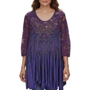 The Pyramid Collection Lace Tunic 2X Embellished Paisley Handkerchief Hem Boho